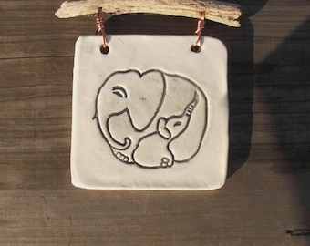 Elephant mother baby love wall art, ceramic farmhouse multimedia stamped tile plaque with driftwood wildlife Mother's day gift nursery decor