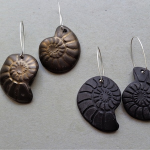 Nautilus oval hoop sterling silver earrings, ceramic brass bronze gold black tone ammonite fossil minimalist ethical pottery jewellery