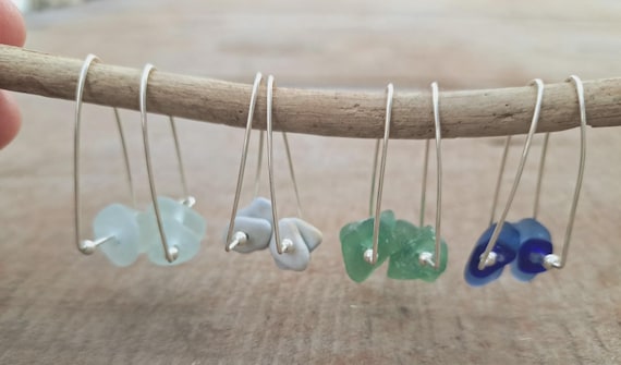 Aqua sea glass hoop earrings, seafoam teal blue beach pottery dainty sterling silver ocean surfer recycled organic wedding bridal jewelry