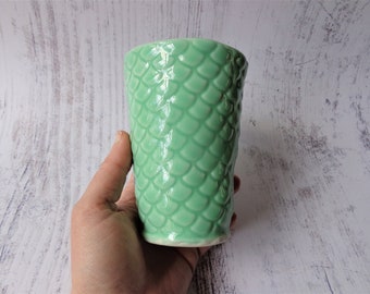 Mermaid dragon scales ceramic tumbler coastal ocean sea artisan stoneware handless cup blue pottery drinking wine liquor glass 300ml 10fl oz