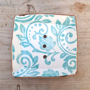 Damask turquoise blue square soap dish, ceramic boho copper lustre white footed stoneware pottery soap holder with holes bathroom sink decor