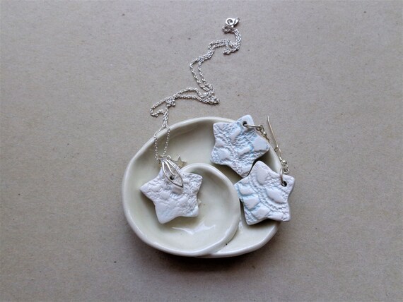 Ceramic Star Necklace Earrings: Lace Textured Pottery, Sterling Silver
