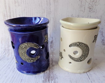 Starry Moon Essential Oil Burner: Rustic Celestial Pottery Aromatherapy Diffuser