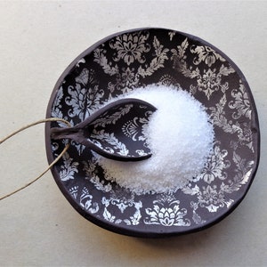 Damask small ceramic prep bowl with spoon raw  unglazed black blue white farmhouse rustic pottery sugar salt cellar dish foodie gourmet gift