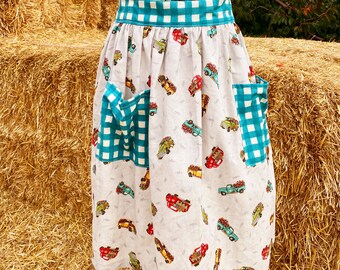 Retro Truck Half Apron - Gathered Skirt Farm Apron