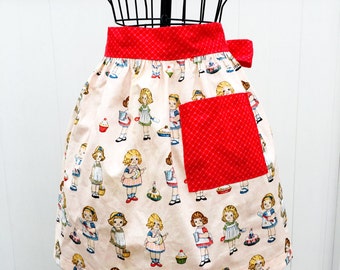 Paper Doll Bakery Retro Print Gathered Skirt Apron - Half Novelty Apron