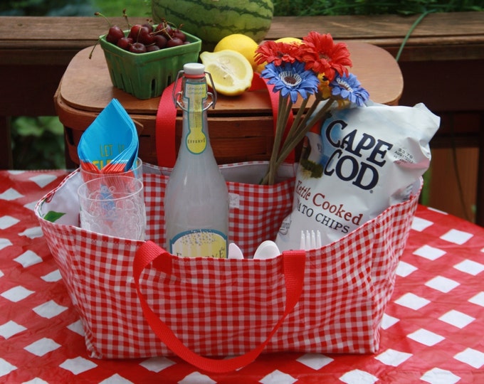 Picnic Basket Tote Red and White Gingham Picnic Basket Liner With Red
