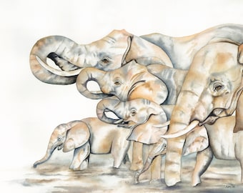 May include: A watercolor painting of a family of elephants drinking water. The elephants are all different sizes, with the largest elephant in the back and the smallest elephant in the front. The elephants are all drinking from a puddle of water, and their trunks are all extended into the water. The painting is done in shades of brown, gray, and white.