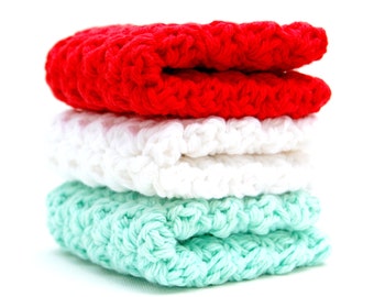 Crochet Wash Cloths - Crochet Dish Cloths - 100% Cotton - Crochet Washcloths - Crochet Dishcloths - Red and Aqua Crochet Washcloths
