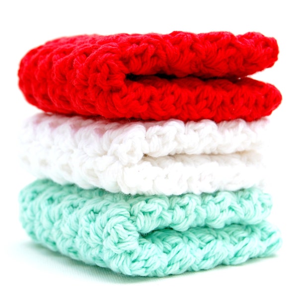 Crochet Wash Cloths - Crochet Dish Cloths - 100% Cotton - Crochet Washcloths - Crochet Dishcloths - Red and Aqua Crochet Washcloths