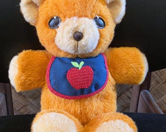 Vintage 1975 Fisher Price Freddy Bear (#418) with working squeaker. Blue bib with embroidered apple