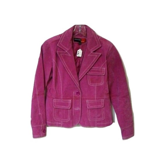 Hot Pink Leather Blazer Jacket White Stitching Wid