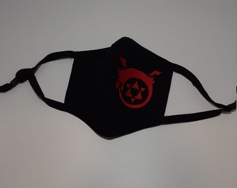 Anime and manga inspired Full Metal Alchemist homunculus symbol ouroboros 3-ply cotton face mask with ear loop adjusters