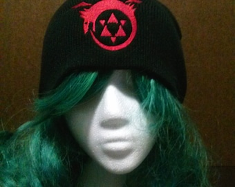 Anime and manga inspired Full Metal Alchemist homunculus symbol ouroboros beanie skull cap
