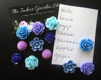 Fridge Magnets Locker Magnet Art Boards Hostess Gift 12 pc Flower Magnets Strong Magnets Green Wedding Favor Lavender and White