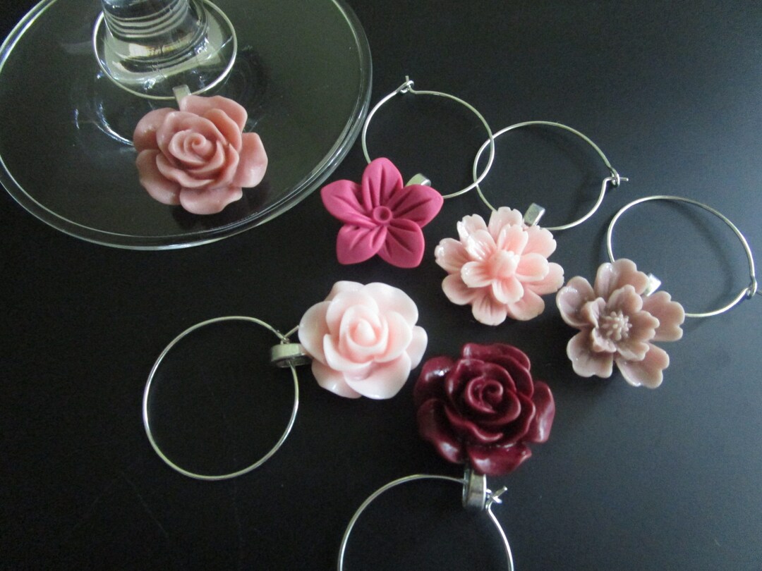 Flower Wine Charms Pretty Wine Tags Set of 6 Drink Marker Etsy
