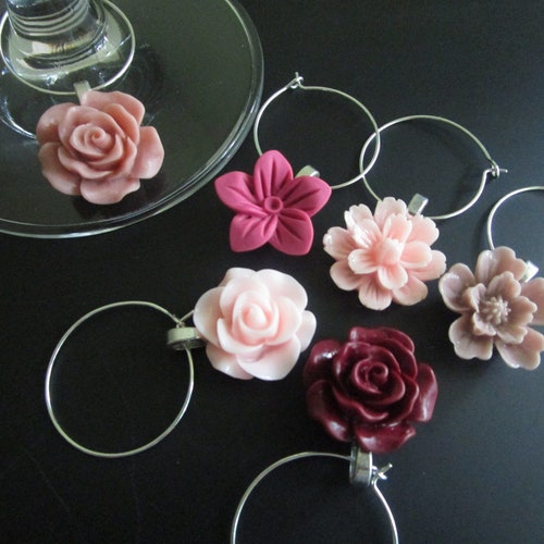 Wine Charms Flower Wine Tags Set of 6 Drink Marker Plum Etsy