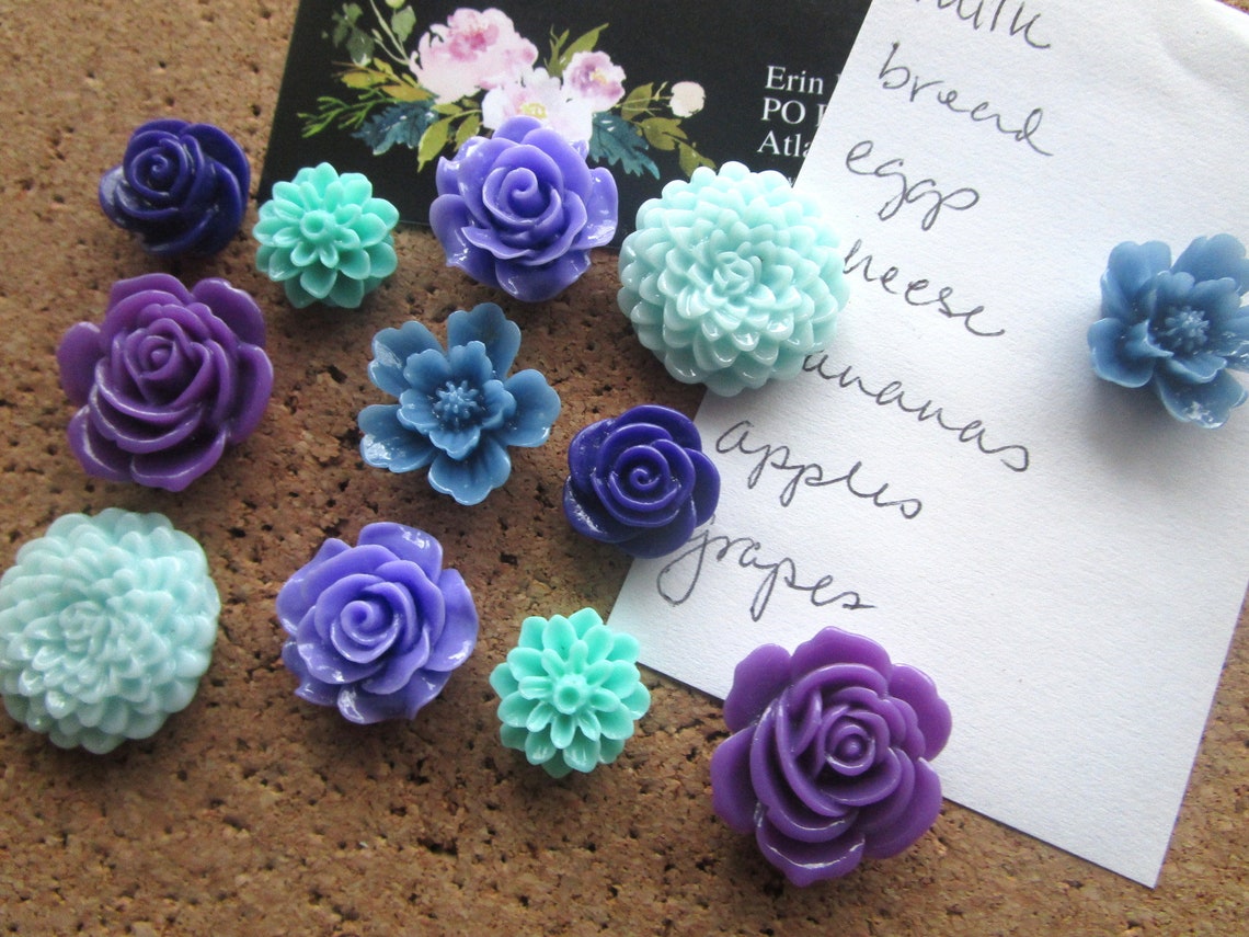 Thumbtack Set 12 pc Flower Pushpins Purple Blue and Aqua Etsy