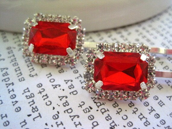 Red Rhinestone Hairpins 2 Silver Bobby Pins Faux Ruby Fancy Etsy