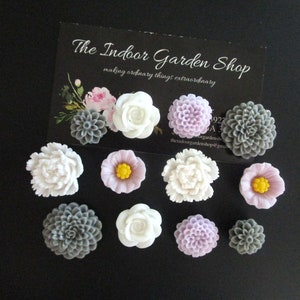 Fridge Magnets Locker Magnet Art Boards Hostess Gift 12 pc Flower Magnets Strong Magnets Green Wedding Favor Lavender and White