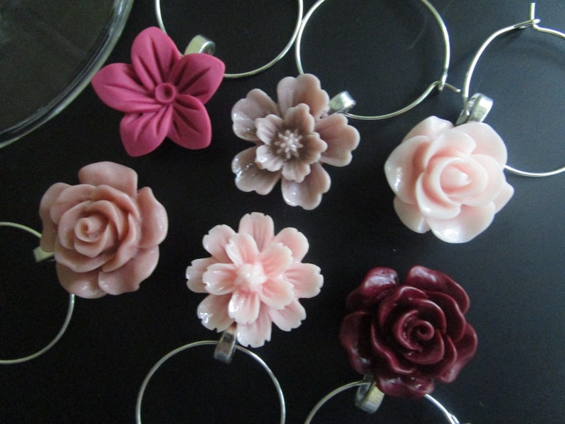 Flower Wine Charms Pretty Wine Tags Set of 6 Drink Marker Etsy