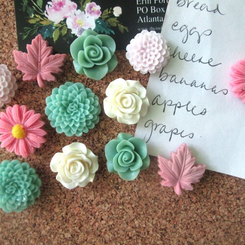 Thumbtacks 12 Pc Flower Pushpin Set in Soft Green Pink and Etsy