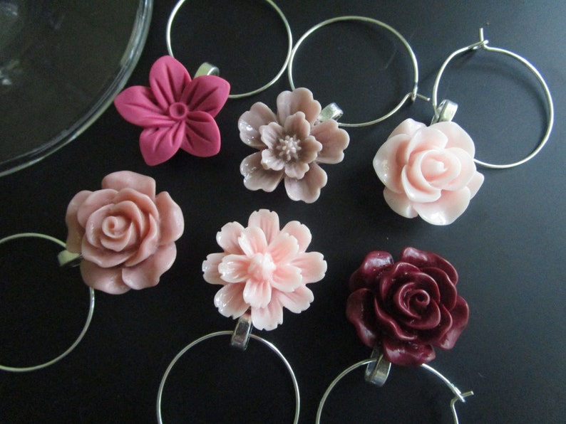 Flower Wine Charms Pretty Wine Tags Set of 6 Drink Marker Etsy