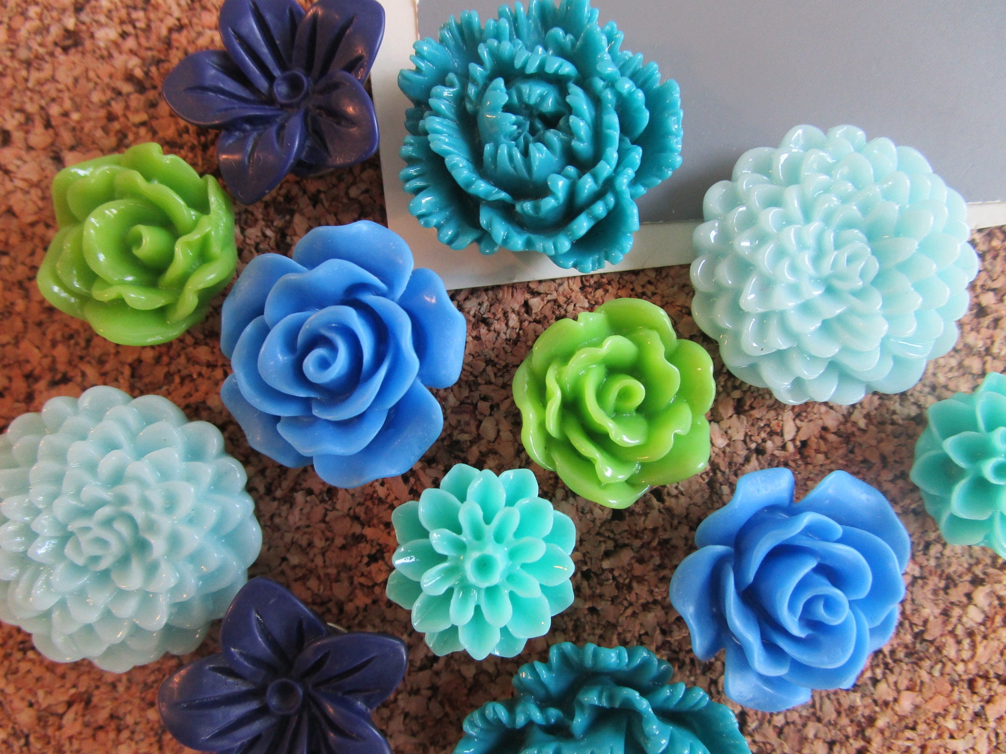 Flower Thumbtack Set 12 pc Pushpin Set in Teal Blue Aqua Etsy
