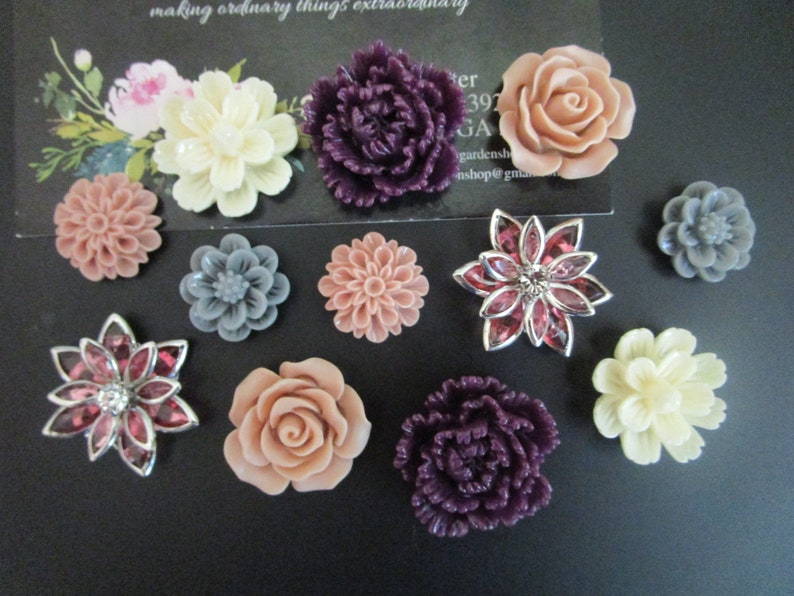 Pretty Fridge Magnets, 12 Flower Magnets, Strong Magnets, Cute Office Supply, Cubicle Decor, Plum, Dusty Rose, Cream and Gray 