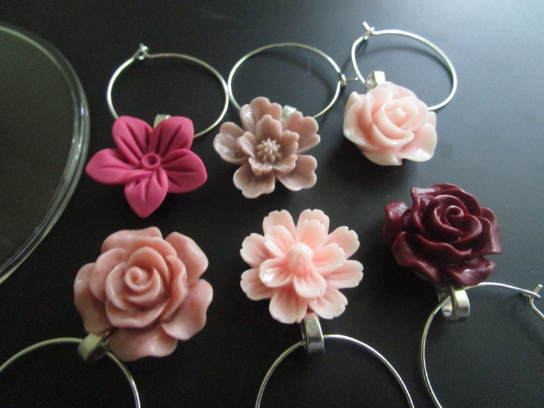 Flower Wine Charms Pretty Wine Tags Set of 6 Drink Marker Etsy