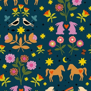 May include: A whimsical pattern on a dark teal background featuring stylized horses, birds, rabbits, flowers, stars, moons, and a rainbow. The design incorporates orange, pink, yellow, and white elements, creating a cheerful and imaginative aesthetic.