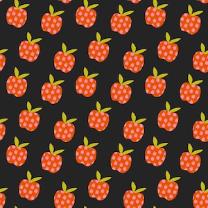May include: A repeating pattern of stylized red apples with pink dots and green leaves on a dark gray background. The apples are evenly spaced, creating a vibrant and playful design. This pattern is suitable for fabric, wallpaper, or other decorative applications.