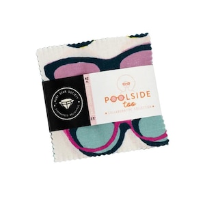May include: A bundle of fabric squares featuring a sunglasses pattern in pink, teal, and navy blue on a white background. The bundle is wrapped with a black band and a label that reads "Poolside too" and "Ruby Star Society".
