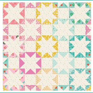 May include: A quilt pattern titled go and make, featuring a grid of star-shaped blocks in various shades of pink, yellow, and teal. The blocks are set against a cream background with small colorful dots. Text includes a fat quarter friendly quilt pattern.
