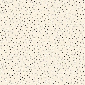May include: A repeating pattern of black stars scattered across a cream-colored background. The stars are small and evenly distributed, creating a whimsical and celestial design. This pattern is suitable for various applications, including fabric, wallpaper, or digital art.