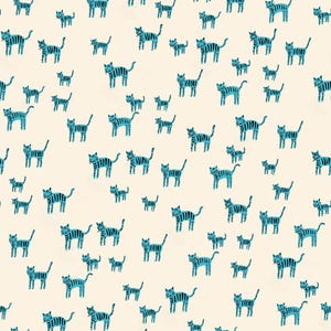 May include: A repeating pattern of stylized blue cats with black stripes on a cream background. The cats vary in size and are depicted in various poses, creating a playful and whimsical design. This pattern is suitable for fabric or wallpaper.