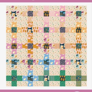 May include: A quilt pattern titled layer cake nine patch featuring a grid of squares with various prints including fried eggs, polka dots, and gingham in shades of pink, green, blue, and yellow. The design includes text and a logo for allison ramsing.