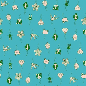 May include: A repeating pattern on a bright turquoise background featuring small hanging ornaments in light pink and dark green. The illustrations include birds, frogs, acorns, flowers, diamond shapes, cat faces, rabbit heads, and female profiles.