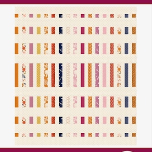 May include: A quilt pattern titled radiant beams featuring a cream background with a grid of vertical rectangular fabric strips in shades of orange, pink, navy, and white with floral and geometric prints. Text includes a jelly roll friendly quilt pattern.