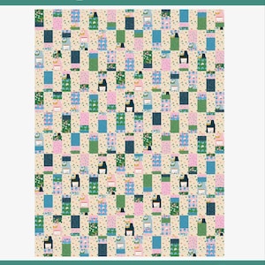 May include: A quilt pattern titled majestic scraps featuring a grid of rectangular fabric blocks in various colors including pink, blue, green, and dark navy with floral and geometric prints. The text reads majestic scraps, a scrappy, fat quarter, and yardage friendly quilt pattern - 012, allison ramsing, allisonramsing.com, @allison.ramsing, #allisonramsingpatterns, #majesticscrapsquilt.