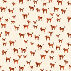 May include: A repeating pattern of orange tigers with black stripes on a cream background. The tigers are in various poses, some standing and others walking. The design includes both adult and baby tigers.