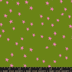 May include: Green fabric with a pattern of pink stars. The stars are scattered across the fabric. The fabric has a simple, playful design. The text "RUBY STAR SOCIETY" is at the bottom of the image.