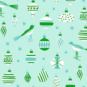 May include: A repeating pattern on a light mint green background featuring various Christmas ornaments in shades of green, white, and teal. The design includes round, teardrop, and hexagonal baubles with stripes, dots, and star motifs.