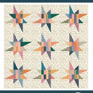 May include: A quilt pattern titled family stars featuring nine multi-colored patchwork stars on a cream background with black speckles. The text reads a choose your own adventure quilt pattern fat quarter, layer cake, and scrap friendly pattern - 036.