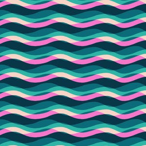 May include: Abstract pattern of overlapping wavy lines in teal, pink, and cream colors. The design features a repeating wave pattern, creating a sense of movement and depth. The background is a dark teal.