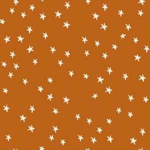 May include: A repeating pattern of off-white stars scattered across a warm, orange-brown background. The stars are simple, five-pointed shapes, creating a whimsical and celestial design. This pattern is suitable for various applications, such as fabric or wallpaper.