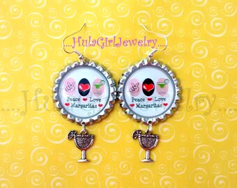 Jimmy Buffett Inspired, ParrotHead, Peace Love & Margaritas, Fun, Margaritaville, Parrot Head Bottle Cap Earrings