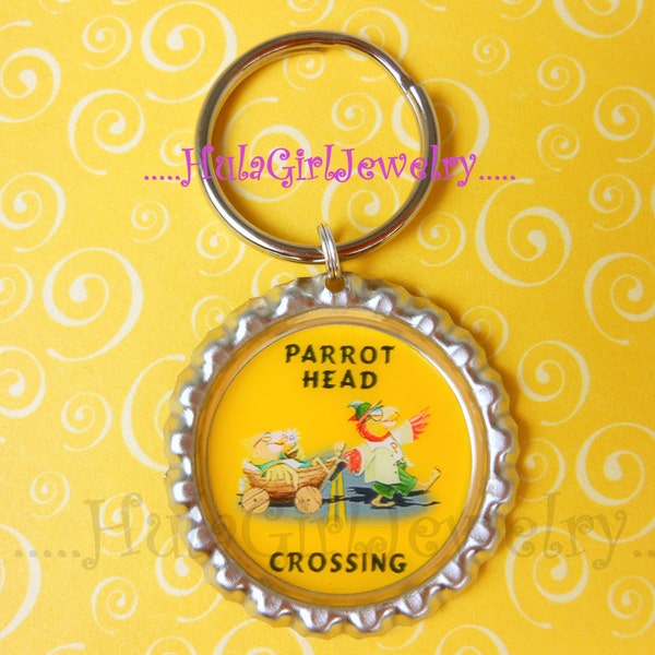 Jimmy Buffett Inspired Key Chain, ParrotHead, Parrot Head Crossing, Fun, Margaritaville, Parrot Head Bottle Cap KeyChain