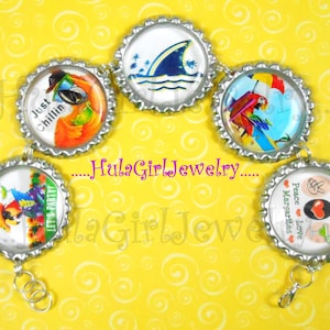 May include: A silver bracelet with six bottle cap charms. Each charm has a different colorful design, including a parrot, a shark, a tropical scene, and a margarita glass. The bracelet has a silver clasp.