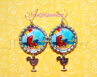 Jimmy Buffett Inspired, ParrotHead, Parrot in Paradise, Fun, Margaritaville, Parrot Head Bottle Cap Earrings